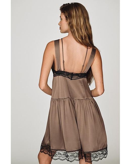 By Anthropologie Brown Lace-Trim Mini Slip Dress
