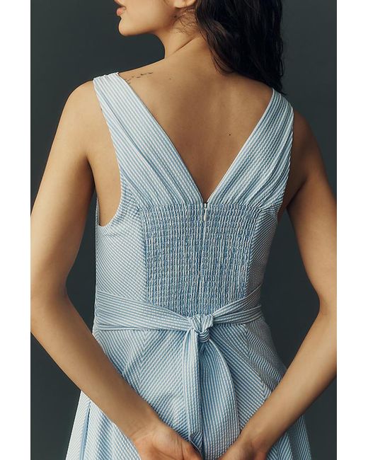 Maeve Blue Sleeveless V-Neck Stripe Seersucker Midi Dress