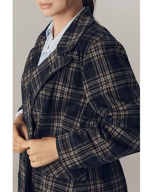 Avec Les Filles Blue Double-Breasted Knit Plaid Blazer