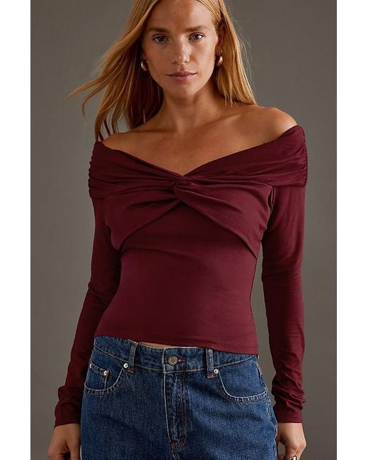 Anthropologie Red Long-Sleeve Twist-Front Bardot Top