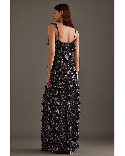 By Anthropologie Mixed Floral Ruffle Maxi Dress in Black | Lyst UK