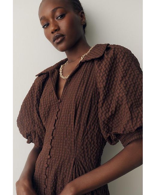 English Factory Brown Puff-Sleeve Textured Midi Shirtdress