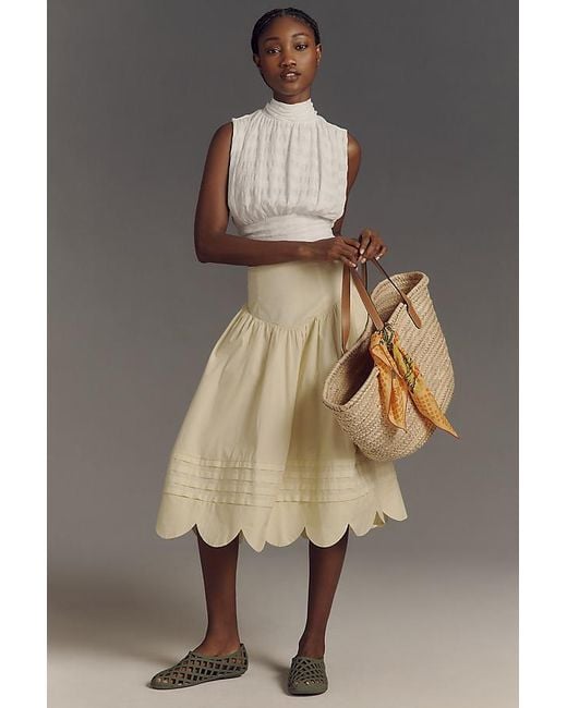 Maeve Yellow Basque-Waist Scallop-Hem Full Midi Skirt