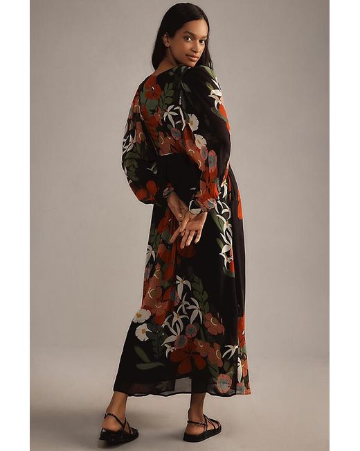 Farm Rio Brown Long-Sleeve V-Neck Floral Maxi Dress