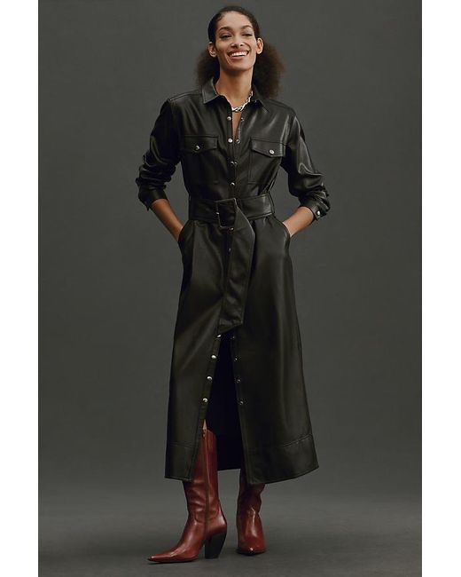 Pilcro Black Long-sleeve Faux Leather Belted Midi Dress