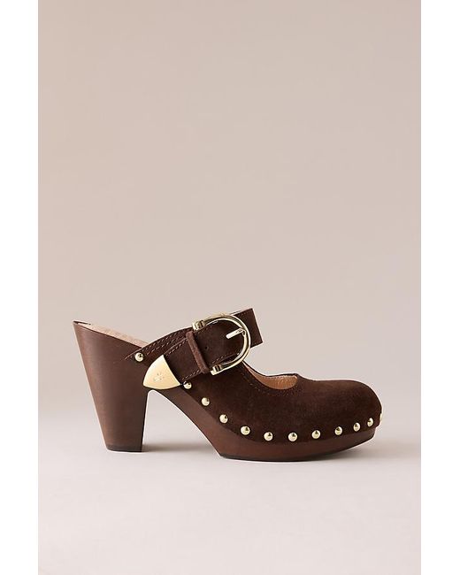 Frye Natural Cindy Buckle Suede Heeled Clogs