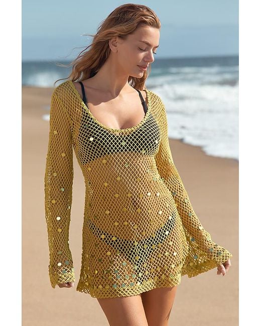 Celandine Green Long-Sleeve Sheer Sequin Mesh Cover-Up Mini Dress