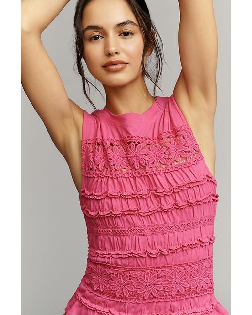 By Anthropologie Pink Smocked Lace Tank Top