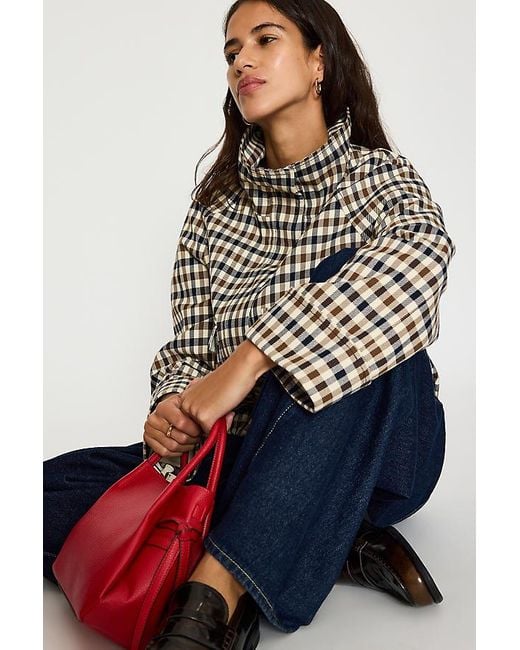 By Anthropologie Blue Check Cropped Trench Coat
