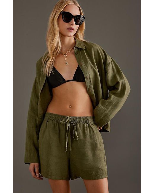 SELECTED Green Mid-rise Linen Shorts