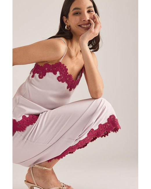 By Anthropologie Pink Lace Trim Bias Midi Slip Skirt