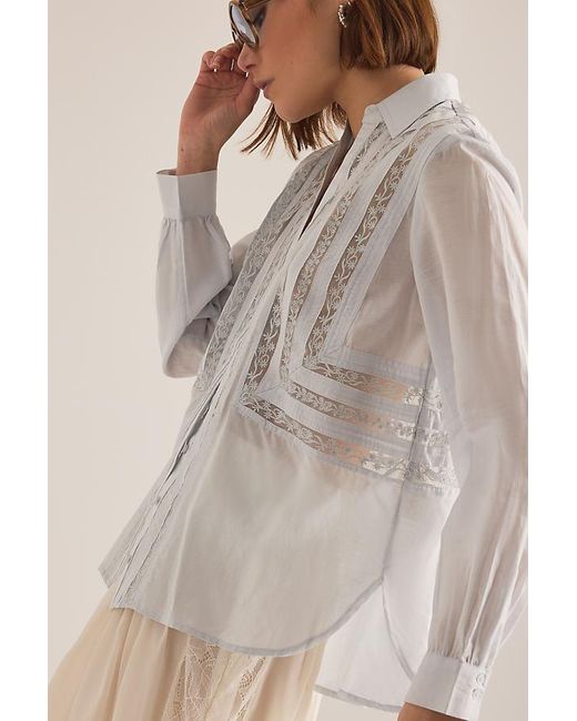 By Anthropologie Natural Lace Inset Long-Sleeve Buttondown Top