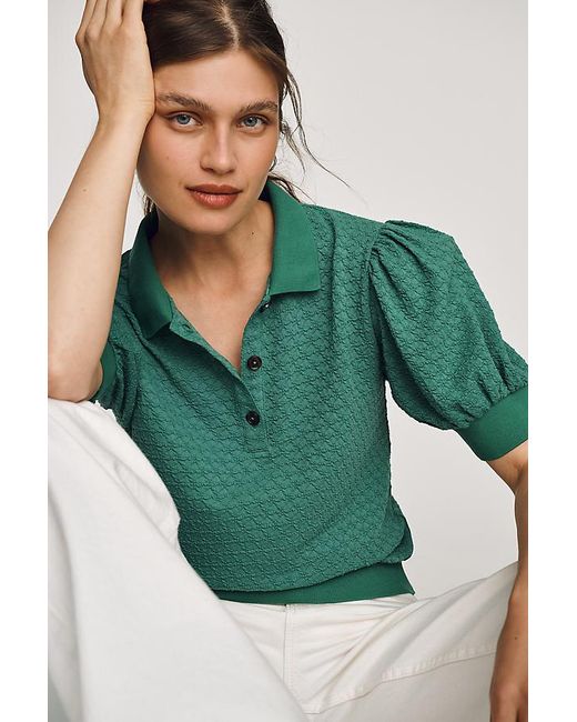 Maeve Green Puff-Sleeve Collared Top