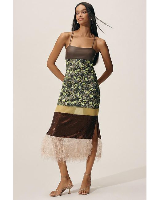 By Anthropologie Multicolor Mixed Print Faux-Feather Midi Dress