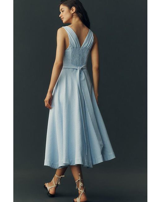 Maeve Blue Sleeveless V-Neck Stripe Seersucker Midi Dress
