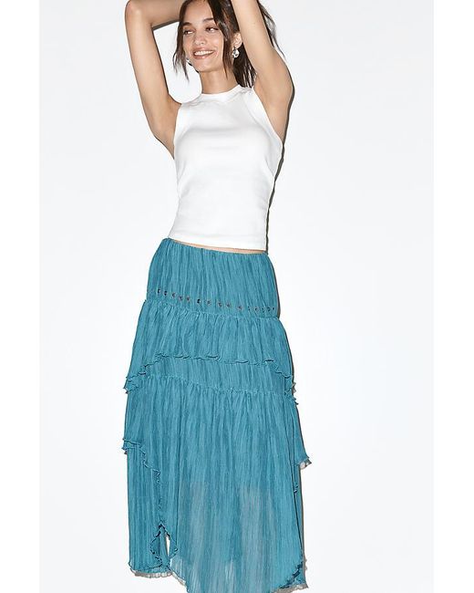 By Anthropologie Blue Asymmetric Tiered Maxi Skirt