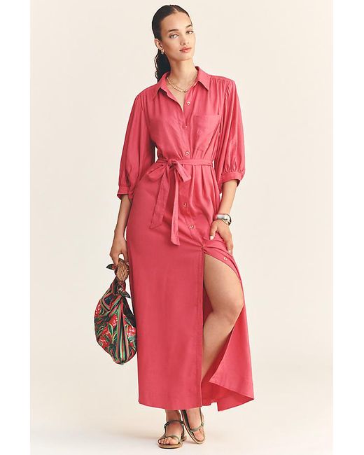 Maeve Pink Button-Front Belted Wrap Maxi Dress