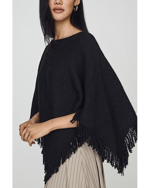By Anthropologie Blue Knit Fringe Triangle Poncho