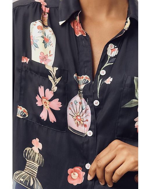 By Anthropologie Gray Relaxed Long-Sleeve Floral Shirt