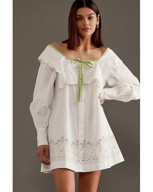 Damson Madder White Mala Puff-sleeve Embroidered Mini Dress