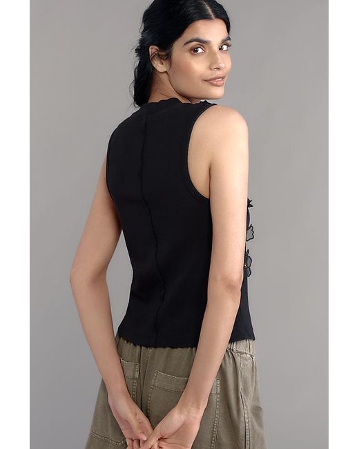 By Anthropologie Black 3D Floral Applique Sleeveless Top