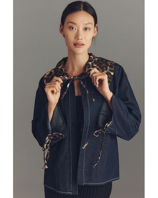 Maeve Gray Leopard Collar Denim Boxy Jacket