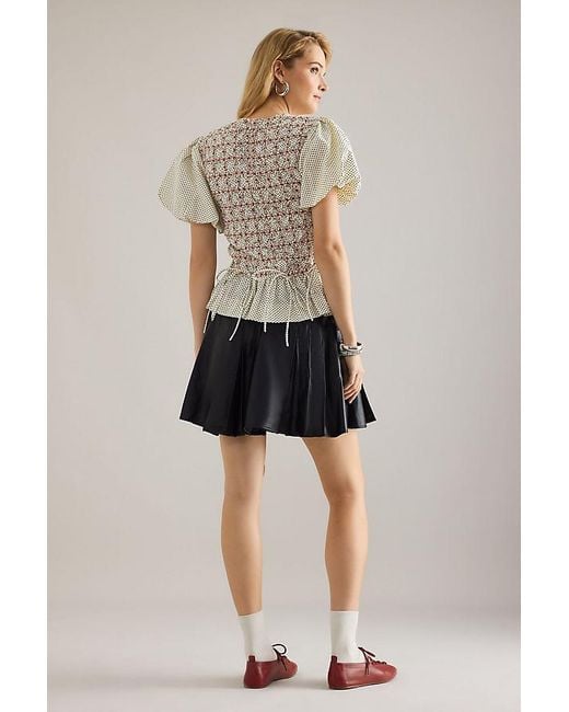 Damson Madder Natural Audrey Smocked Embroidered Cotton Poplin Blouse