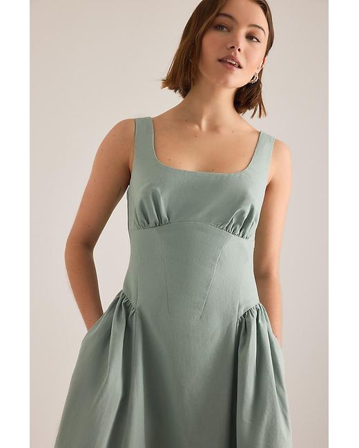 By Anthropologie Green Livy Cotton-Linen Hourglass Midi Dress