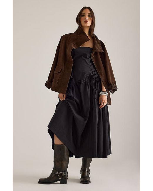 By Anthropologie Black Ruched Bow Midi Pinafore Dress