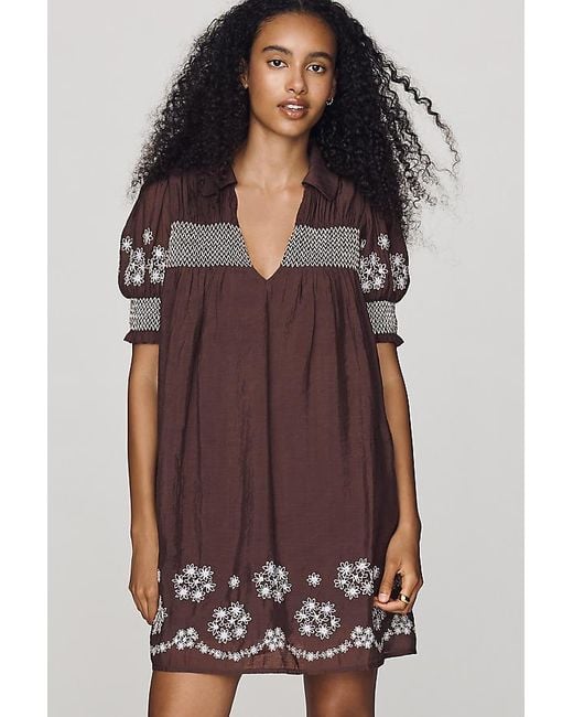 By Anthropologie Brown Puff-Sleeve Mini Dress