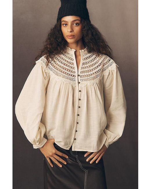 Pilcro Natural Lace Yoke Peasant Blouse