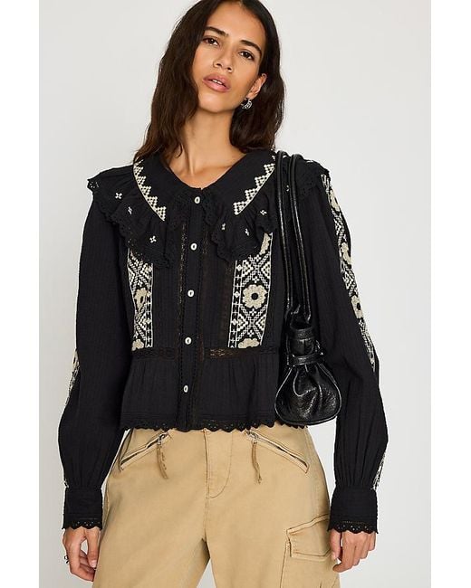 By Anthropologie Black Long-Sleeve Embroidered Blouse