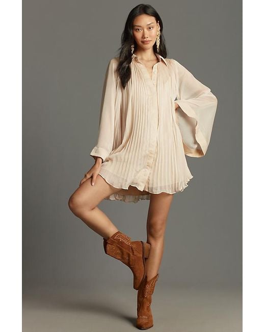 Maeve Gray Long-Sleeve Pleated Mini Shirt Dress