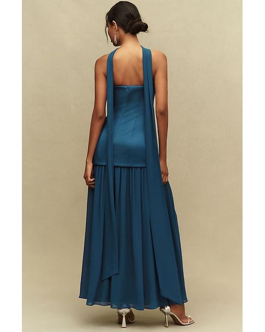 Mare Mare Blue Natalie Strapless Stretch Satin Chiffon Maxi Dress