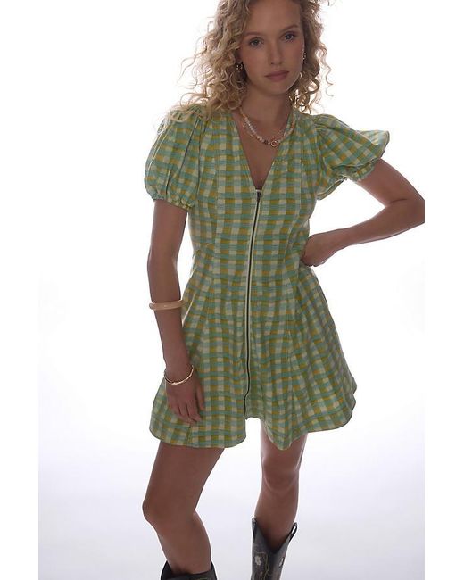 Pilcro Green Puff-Sleeve Zip-Front Mini Dress