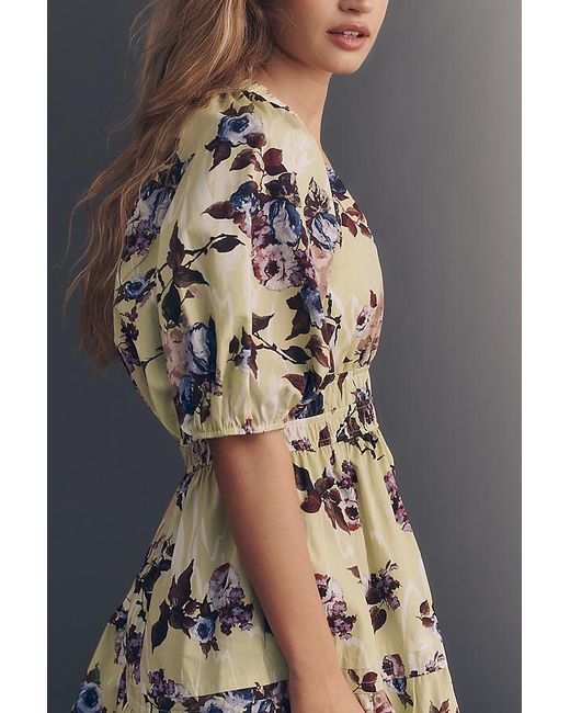Maeve Blue Cotton Puff-Sleeve Smocked A-Line Mini Dress