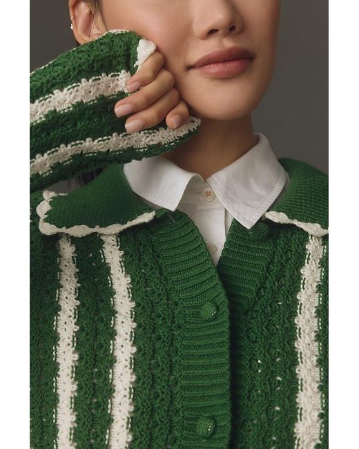 4si3nna Green Collared Crochet Open-stitch Cardigan