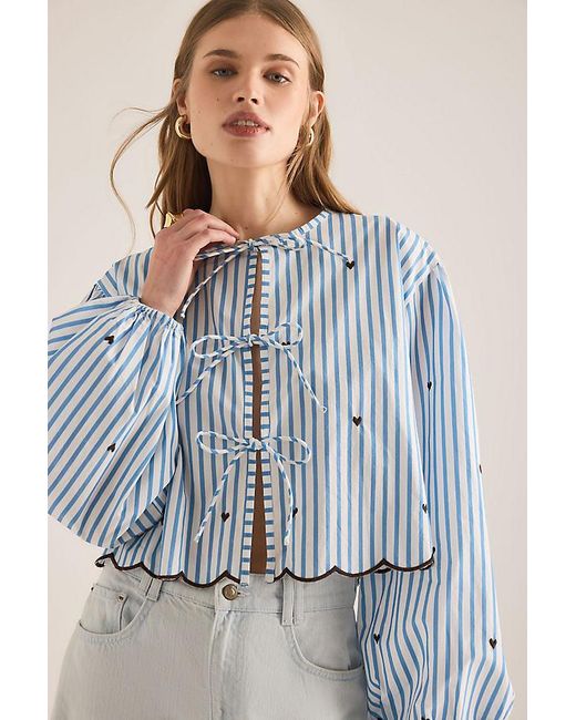 Maeve Brown Tie-Front Puff-Sleeve Shirt