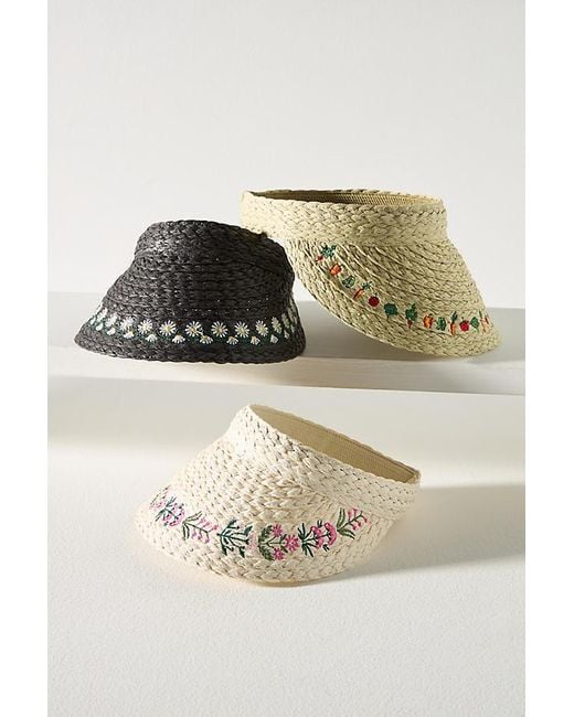By Anthropologie White Mini Icon Embroidered Straw Visor
