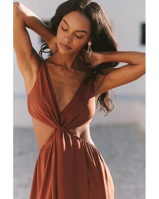 Celandine Brown V-Neck Twist-Front Satin Midi Dress