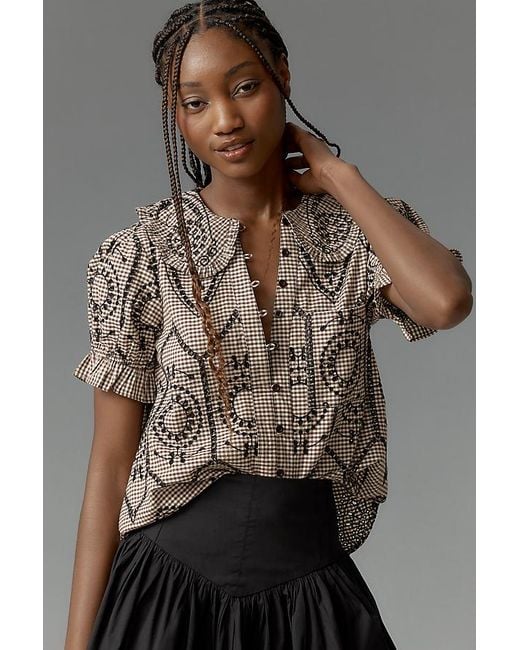 Pilcro Brown The Keira Collared Button-Front Blouse By Embroidered Gingham Edition
