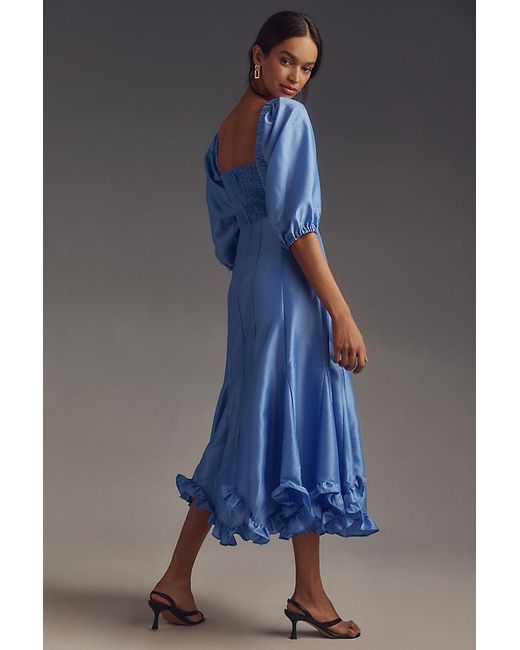 Hutch Blue Printed Twist-front Puff-sleeve Ruffle-hem Midi Dress