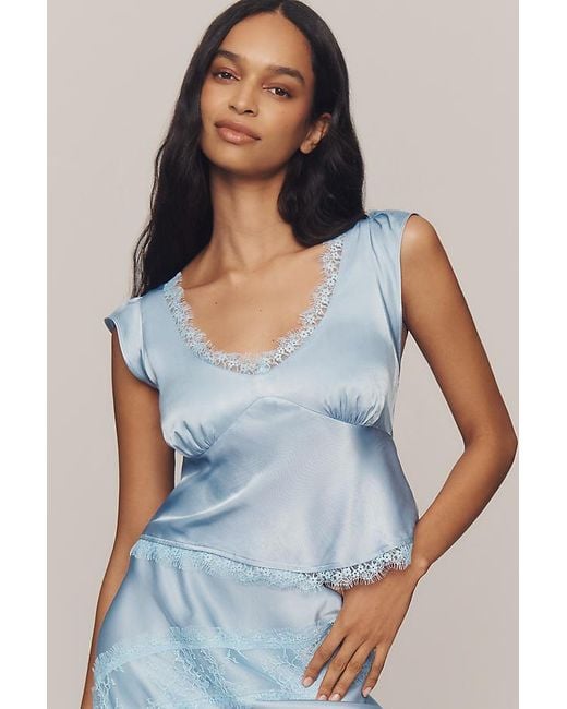 By Anthropologie Blue Silky Lace Appliqué Top
