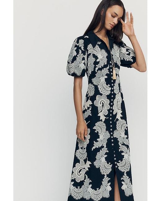 By Anthropologie Blue Button-Front Appliqué Midi Dress