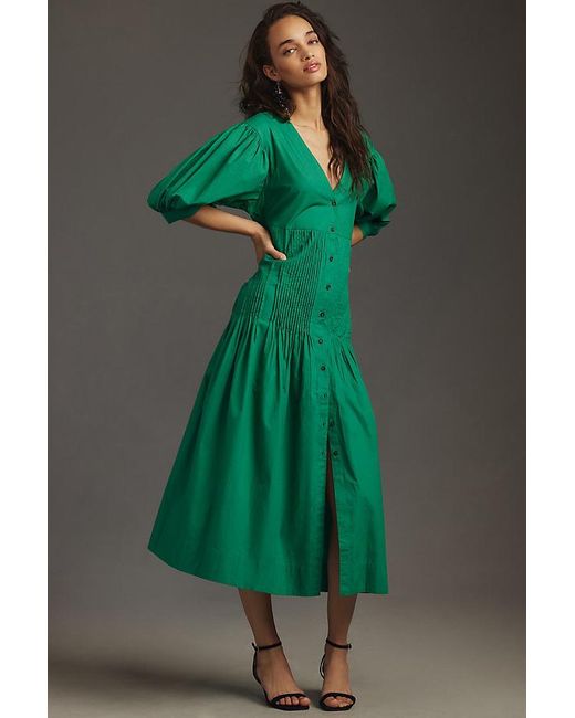Maeve Green Puff-sleeve Pintuck Drop-waist Midi Dress