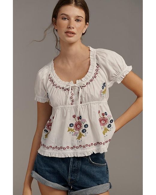 By Anthropologie Natural Puff-Sleeve Embroidered Babydoll Top