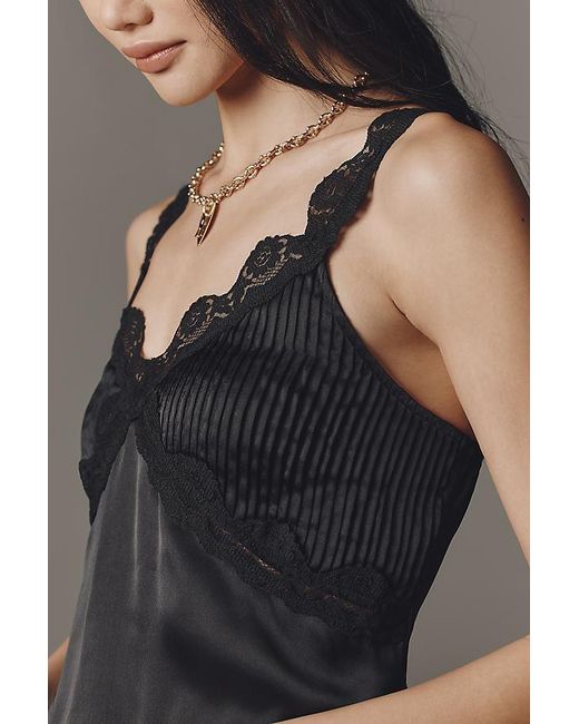 By Anthropologie Black Silky Lace-Trim Tank Top