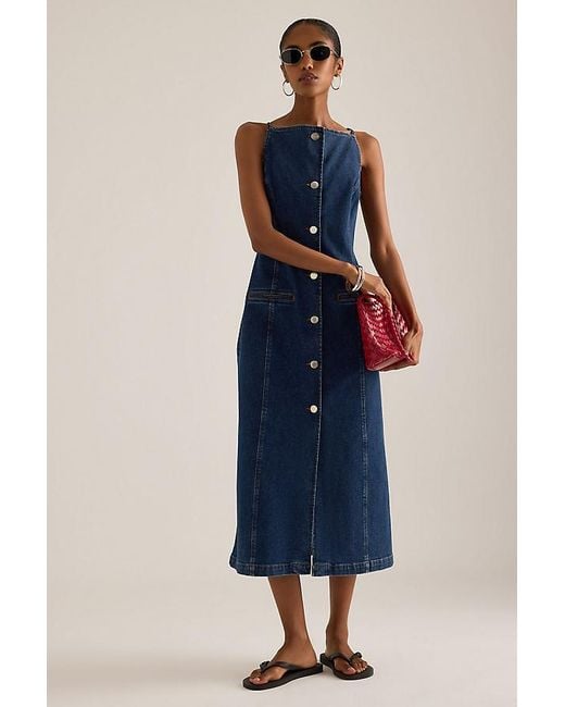ALIGNE Blue Santigo Square-Neck Button-Front Denim Midi Dress
