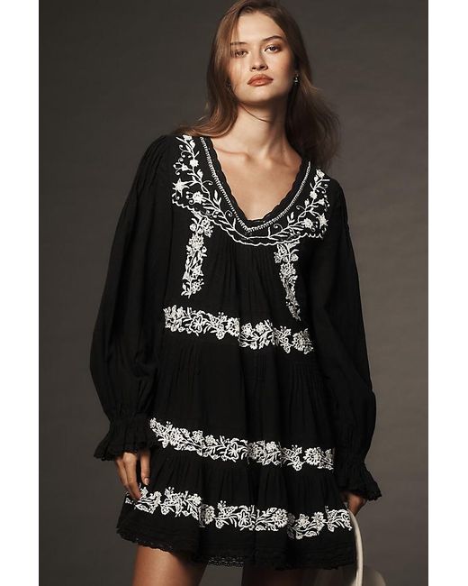 By Anthropologie Black Long-Sleeve Embroidered Pintuck Swing Mini Dress