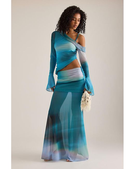Feners Blue Susurro Ruched Drop-Waist Mesh Maxi Skirt